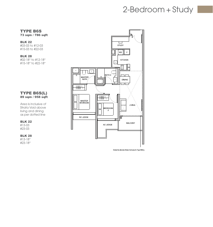 2 Bedroom + Study floor plan Types B6S