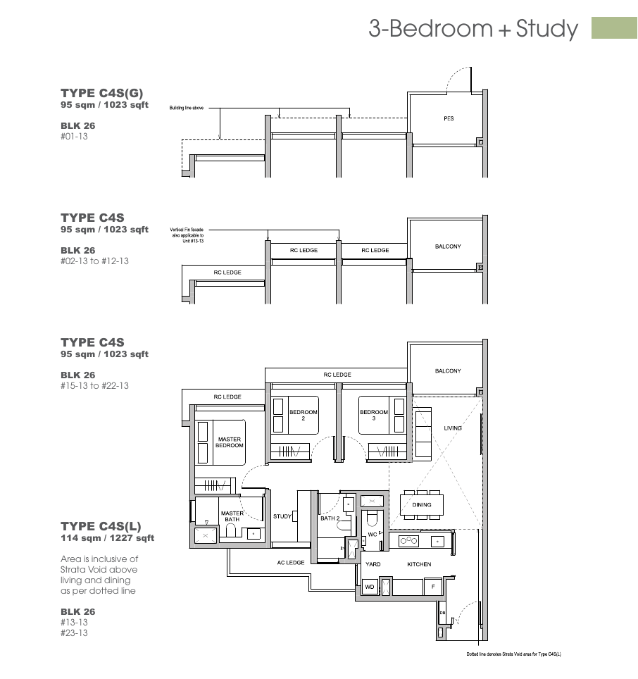 3 Bedroom + Study floor plan Types C4S