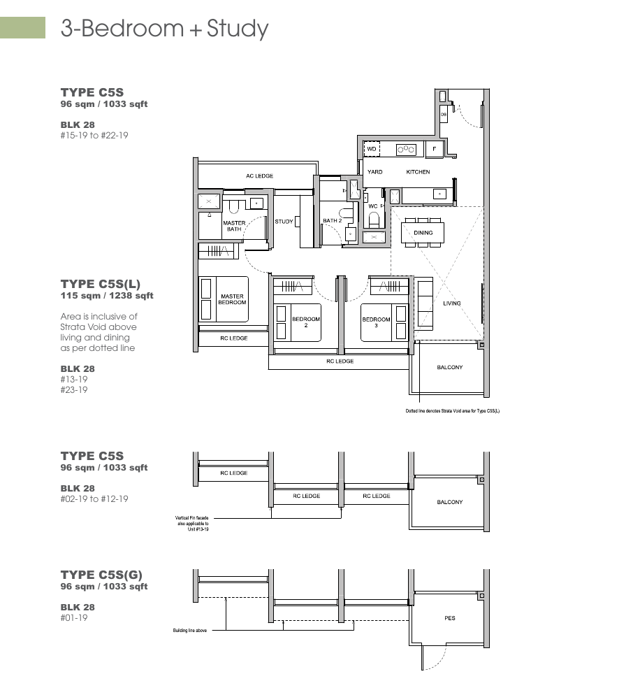 3 Bedroom + Study floor plan Types C5S