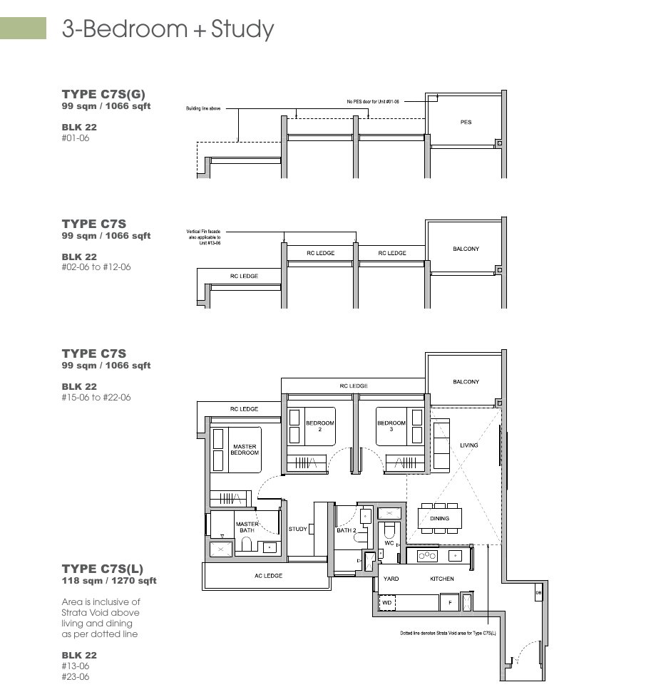 3 Bedroom + Study floor plan Types C7S
